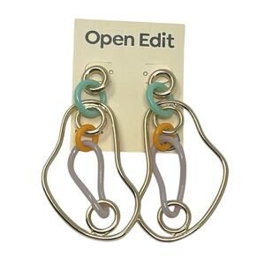 Open Edit. 80s Style Geometric Dangle Earrings. Gold Tone with Pastel Accents.